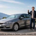 Vendeur tenant des clés à côté d’une voiture d’occasion en Suisse, illustration pour un guide sur la vente de voiture