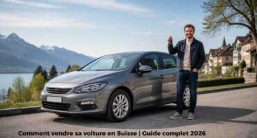 Vendeur tenant des clés à côté d’une voiture d’occasion en Suisse, illustration pour un guide sur la vente de voiture