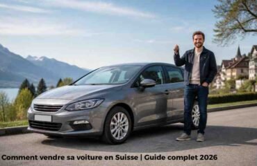 Vendeur tenant des clés à côté d’une voiture d’occasion en Suisse, illustration pour un guide sur la vente de voiture