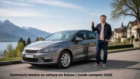 Vendeur tenant des clés à côté d’une voiture d’occasion en Suisse, illustration pour un guide sur la vente de voiture